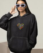 Bluza oversize z kapturem <br>Haft Kocie Serce <br>Haft, Efekt sprania